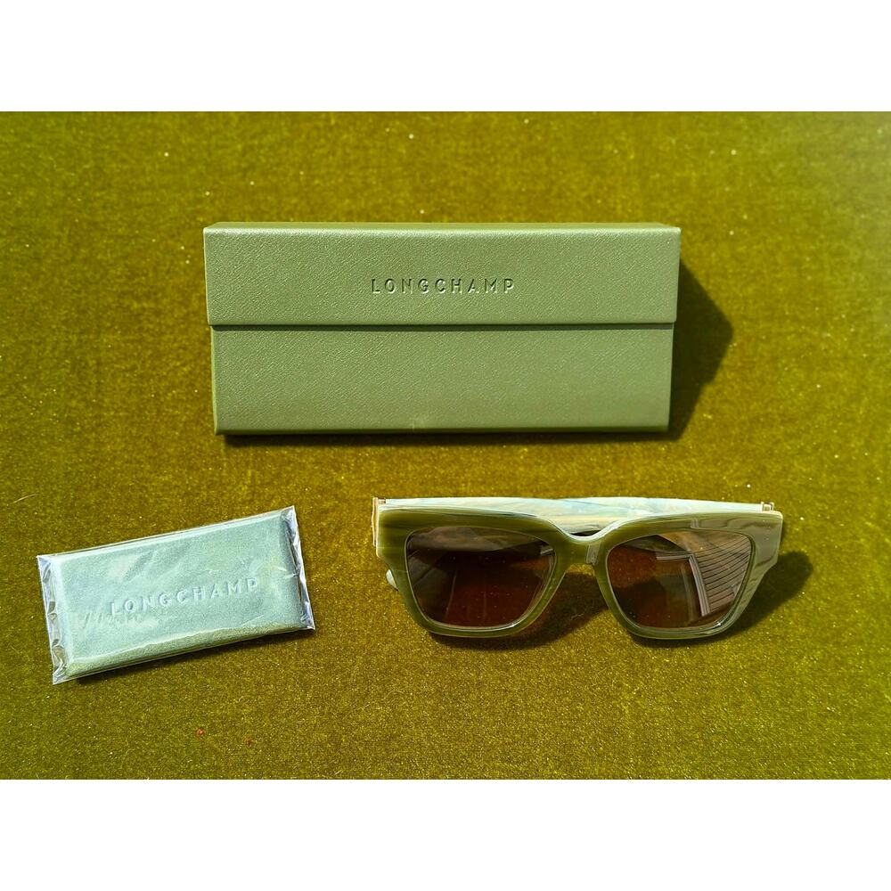🏷️ NEW LONGCHAMP Paris Translucent Olive Green Square Sunglasses & Case Set